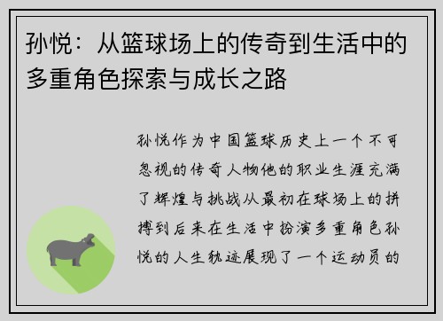 孙悦：从篮球场上的传奇到生活中的多重角色探索与成长之路
